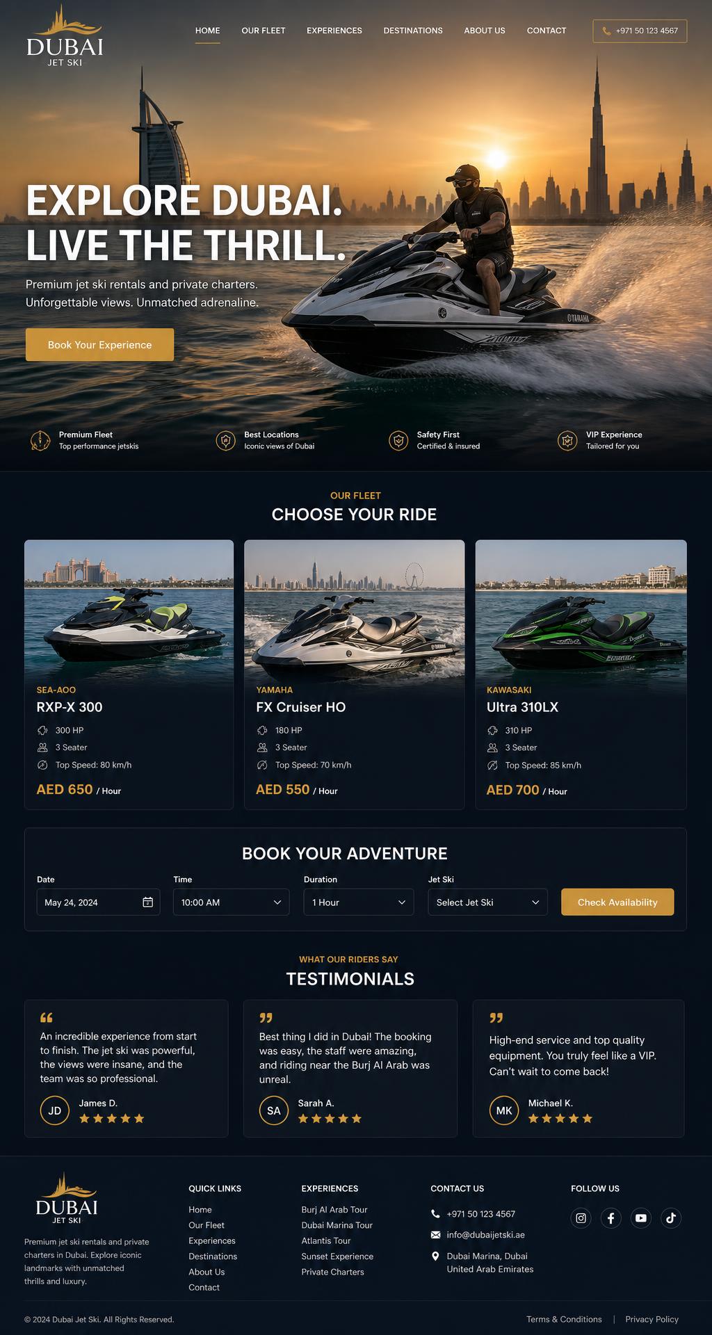 Full-page design for a luxury jet ski rental company, scrolling from hero to booking